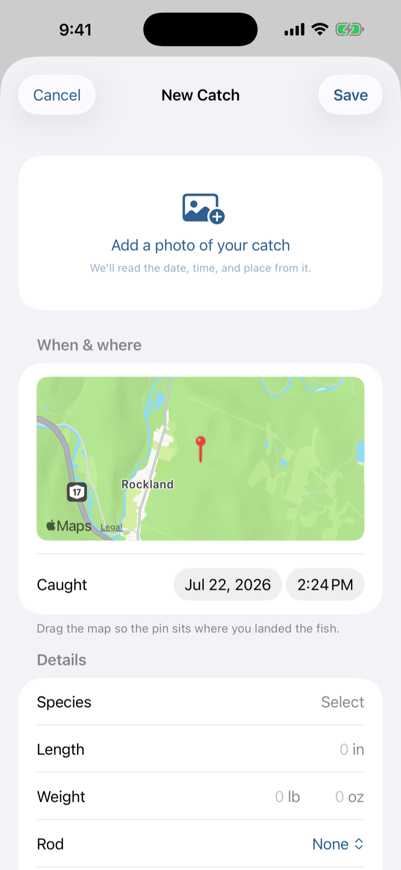 Logging a new catch in Tippet with auto-filled date, place, and conditions