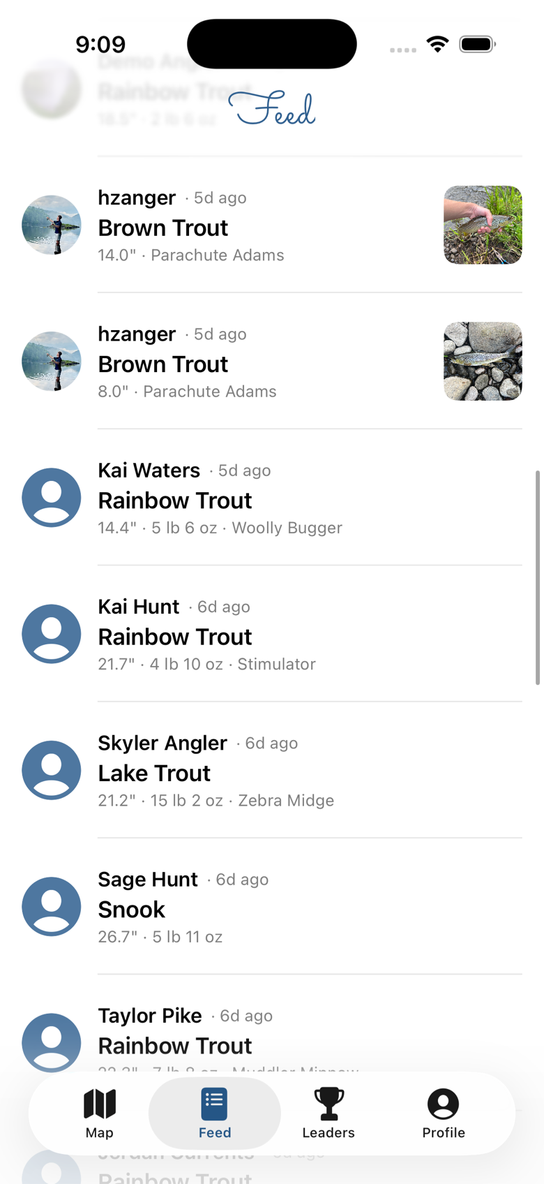 The Tippet feed of recent catches from anglers