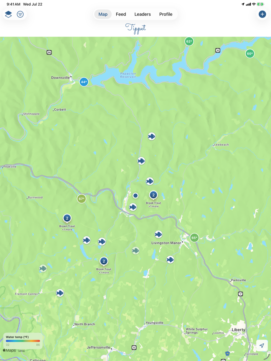 The Tippet map on iPad, full of catches with water-temperature and flow overlays